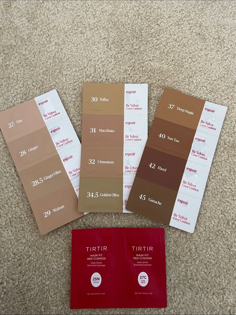 Espoir & Tirtir Cushion Foundation Shade Samples - Beige to Deep Tones